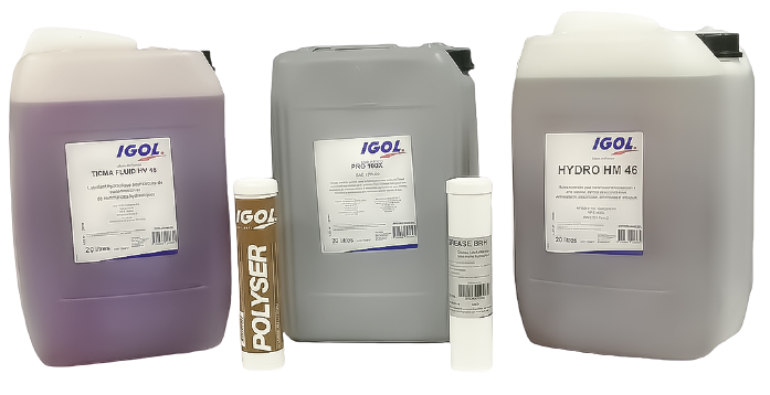 Différentes contenances de bidon de lubrifiant, notamment des huiles de la marque IGOL
